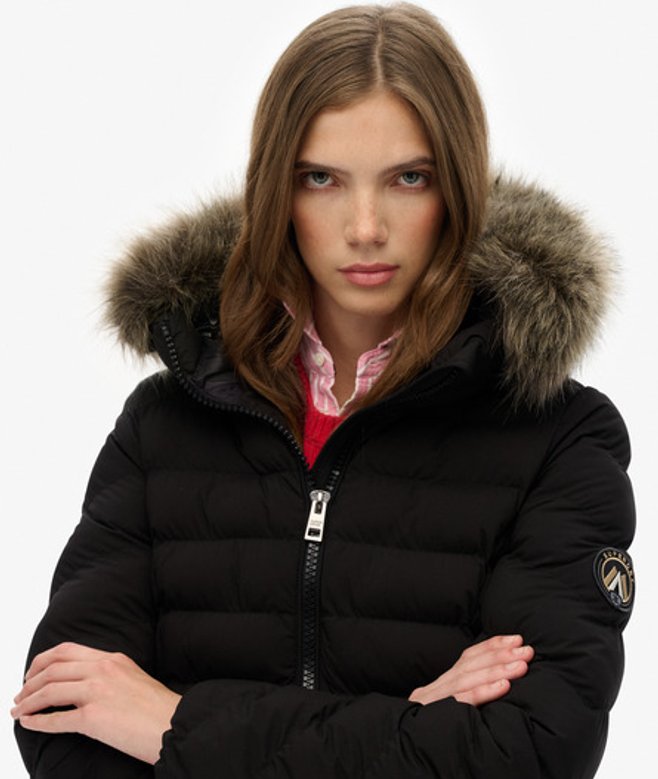 Superdry Damen Fuji Steppjacke mit Kunstfellkapuze Black - Größe: 46 von Superdry