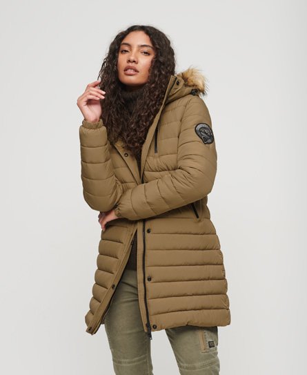 Superdry Women's Fuji Steppmantel in Mittlerer Länge mit Kapuze Braun - Größe: 36 von Superdry