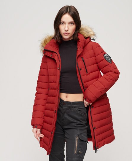 Superdry Women's Fuji Steppmantel in Mittlerer Länge mit Kapuze Rot - Größe: 36 von Superdry