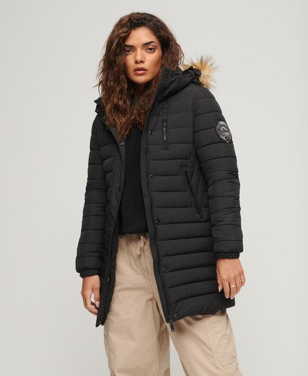 Superdry Women's Fuji Steppmantel in Mittlerer Länge mit Kapuze Schwarz - Größe: 36 von Superdry