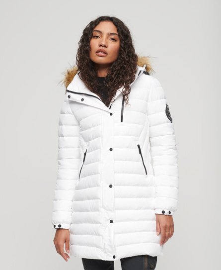 Superdry Women's Fuji Steppmantel in Mittlerer Länge mit Kapuze Weiß - Größe: 36 von Superdry