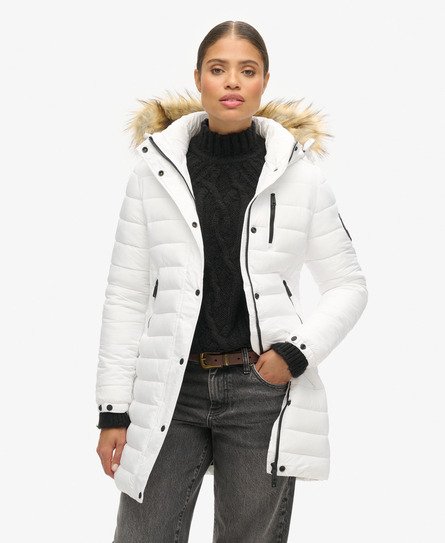 Superdry Women's Fuji Steppmantel in Mittlerer Länge mit Kapuze Weiß - Größe: 36 von Superdry