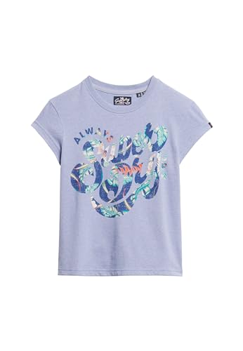 Superdry Damen Geblümtes T-Shirt mit Schriftzug und Flügelärmeln Violett Meliert 38 von Superdry