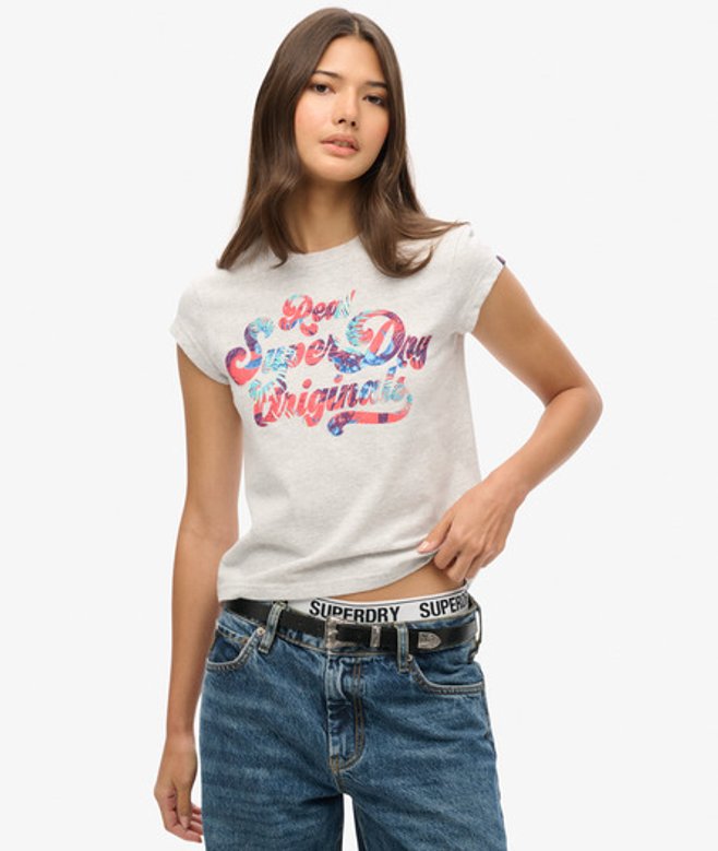 Superdry Damen Geblümtes T-shirt mit Schriftzug und Flügelärmeln Grau - Größe: 34 von Superdry