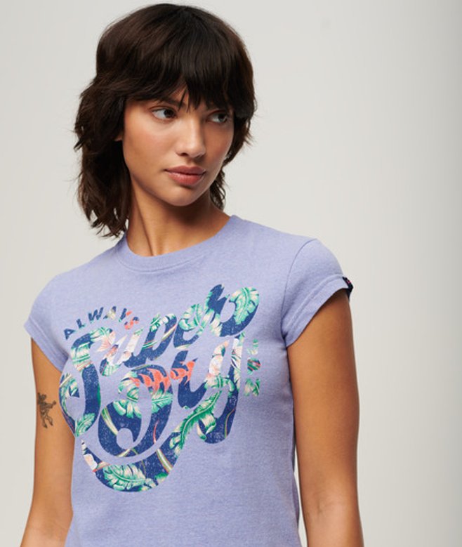 Superdry Damen Geblümtes T-shirt mit Schriftzug und Flügelärmeln Lila - Größe: 44 von Superdry