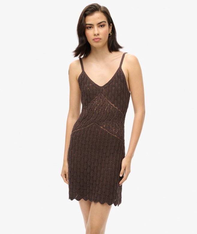 Superdry Damen Gehäkeltes Minikleid mit Trägern Braun - Größe: 40 von Superdry