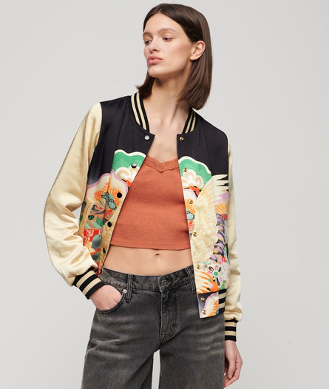Superdry Damen Gelb, Schwarz und Orange Suikajan Bomberjacke mit Print Farbblock, Größe: 44 von Superdry