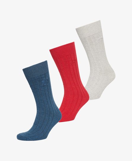 Superdry Unisex Marineblau, Rot und Grau Gerippte Core Crew Socken im 3er-Pack aus Bio-Baumwolle mit Logo-Druck, Größe: S/M von Superdry