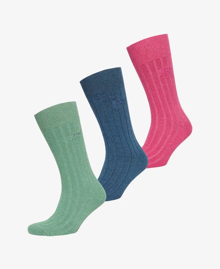 Superdry Unisex Rosa, Grün und Blau Gerippte Core Crew Socken im 3er-Pack aus Bio-Baumwolle mit Logo-Druck, Größe: M/L von Superdry