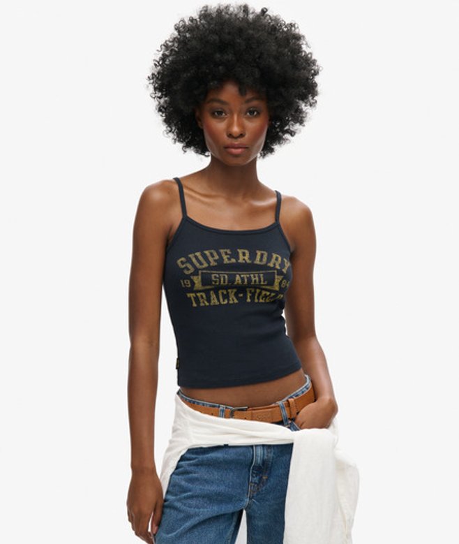 Superdry Damen Geripptes Athletic College Trägertop mit Grafik Marineblau - Größe: 6-8 von Superdry