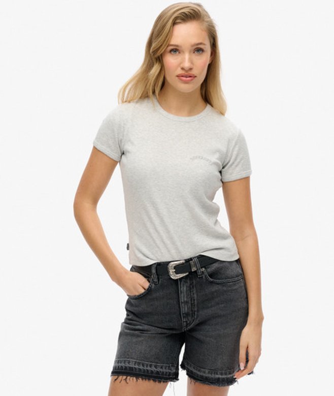 Superdry Damen Geripptes Essential T-shirt mit Logo Hellgrau - Größe: 36 von Superdry