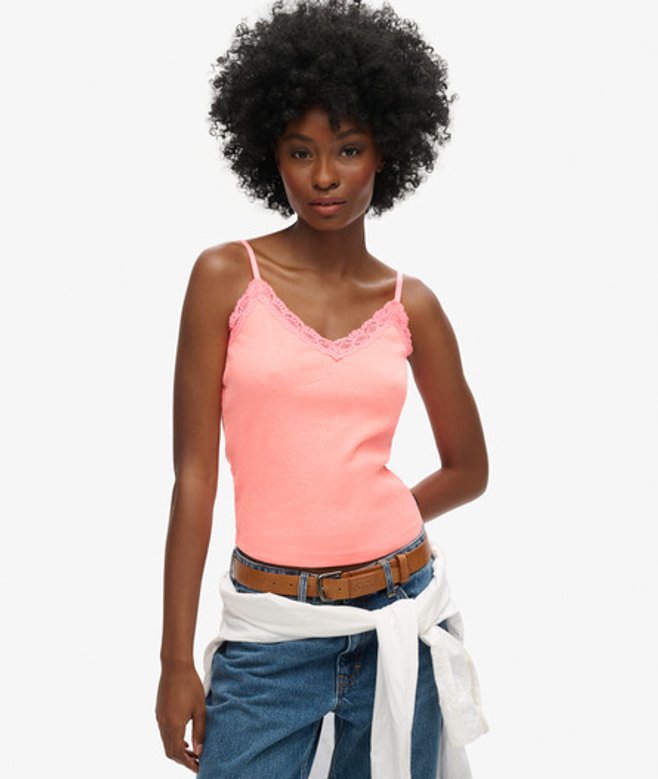 Superdry Damen Geripptes Essential Trägertop mit Spitze aus Bio-baumwolle Koralle - Größe: M/L von Superdry