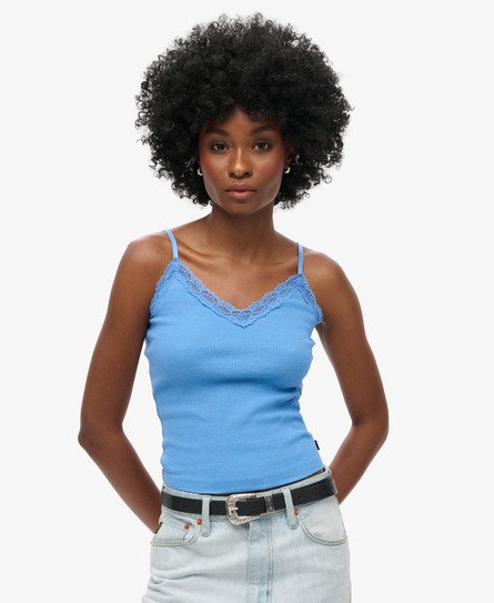 Superdry Women's Geripptes Vintage Trägertop aus Bio-Baumwolle mit Spitzenbesatz Blau - Größe: XS/S von Superdry