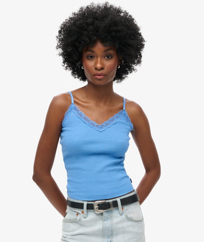 Superdry Damen Geripptes Vintage Trägertop aus Bio-baumwolle mit Spitzenbesatz Blau - Größe: XS/S von Superdry