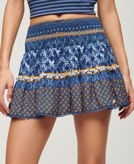 Superdry Damen Gesmokter Minirock mit Print Marineblau - Größe: 38 von Superdry