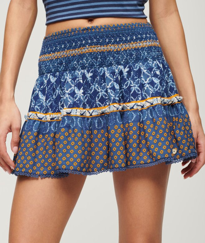 Superdry Damen Gesmokter Minirock mit Print Marineblau - Größe: 42 von Superdry
