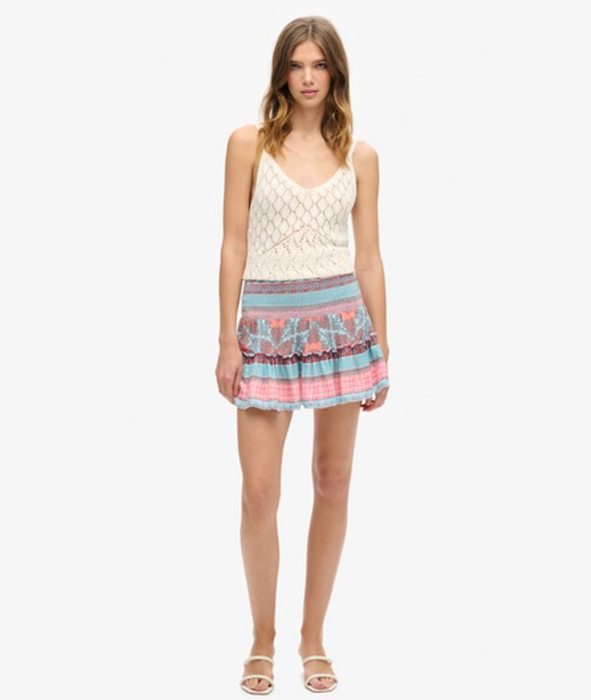 Superdry Damen Gesmokter Minirock Mit Print, Rosa, Größe: 38 von Superdry