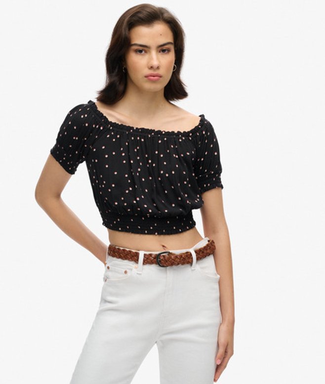 Superdry Damen Schwarz Gesmoktes Kurztop mit Kurzen Ärmeln, Größe: 40 von Superdry