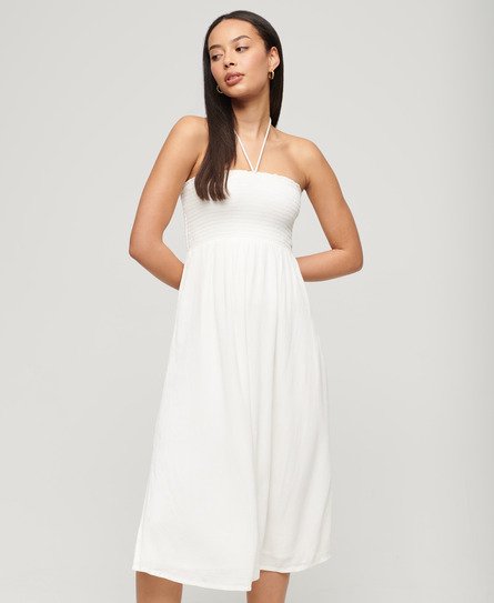 Superdry Damen Gesmoktes Midi-Strandkleid Weiß - Größe: 38 von Superdry