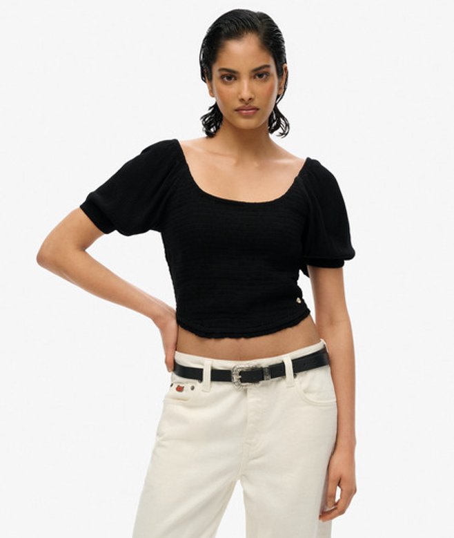 Superdry Damen Gesmoktes Oberteil aus Webstoff Schwarz - Größe: 40 von Superdry