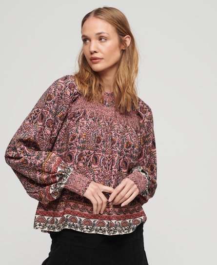 Superdry Women's Damen Rosa, Grün und Gelb Gesmoktes Oberteil aus Webstoff mit Print, Größe: 36 - Größe: 36 von Superdry