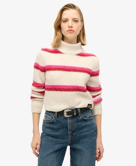 Superdry Women's Gestreifter Rollkragenpullover mit Verkürztem Schnitt Weiß - Größe: 40 von Superdry