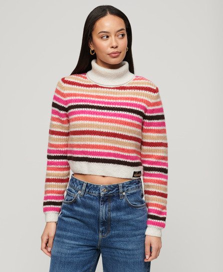 Superdry Women's Gestreifter Rollkragenpullover mit Verkürztem Schnitt Weiß - Größe: 36 von Superdry