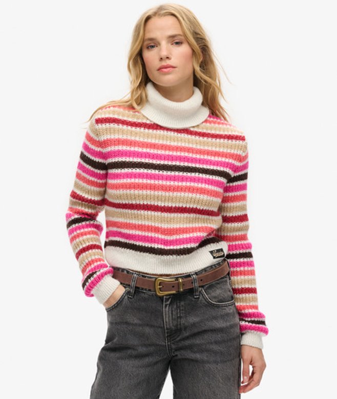 Superdry Damen Gestreifter Rollkragenpullover mit Verkürztem Schnitt Weiß - Größe: 40 von Superdry