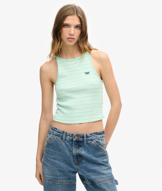 Superdry Damen Gestreiftes Essential Logo Racer-tanktop Grün - Größe: 10-12 von Superdry
