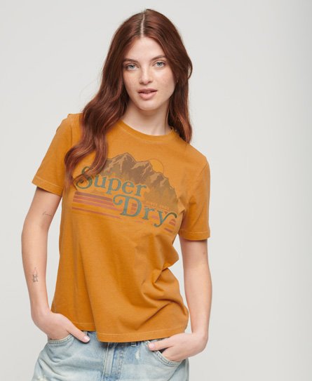 Superdry Damen Gelb, Blau und Rosa Gestreiftes Outdoor T-Shirt mit Grafik Bedruckt, Größe: 36 von Superdry