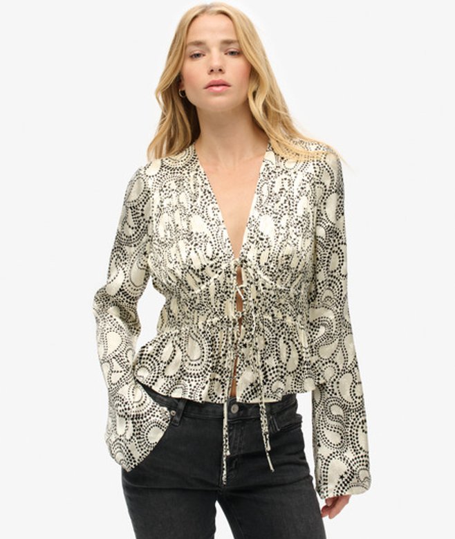 Superdry Damen Gewebtes Oberteil mit Falten und Ärmeln im 70er-Jahre-Stil Weiß - Größe: 40 von Superdry