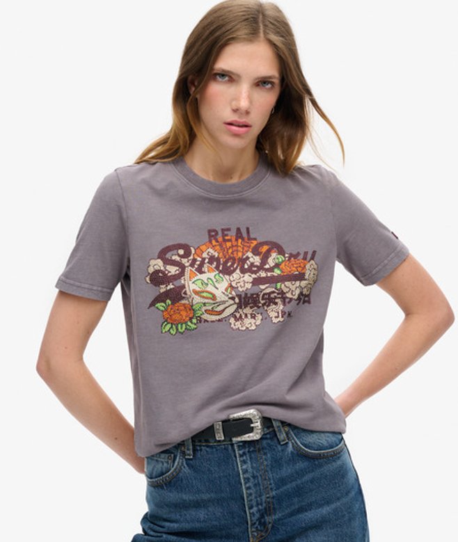 Superdry Damen Grau Lockeres T-Shirt Mit Tokyo Vintage Logo Grafikprint, Größe: 42 von Superdry