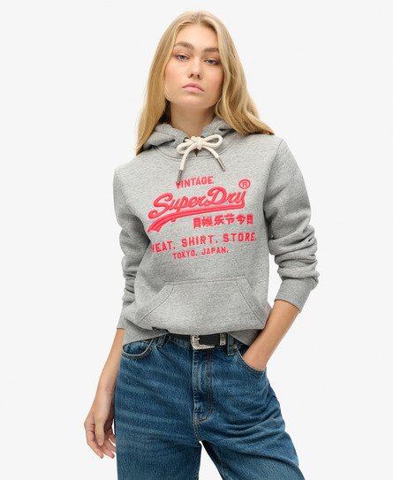 Superdry Damen Grau und Rosa Neonfarbenes Hoodie mit Vintage-Logo, Größe: 36 - Größe: 36 von Superdry