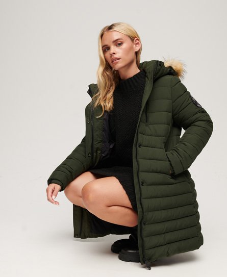 Superdry Damen Grün Fuji Steppmantel in Mittlerer Länge mit Kapuze, Größe: 38 von Superdry