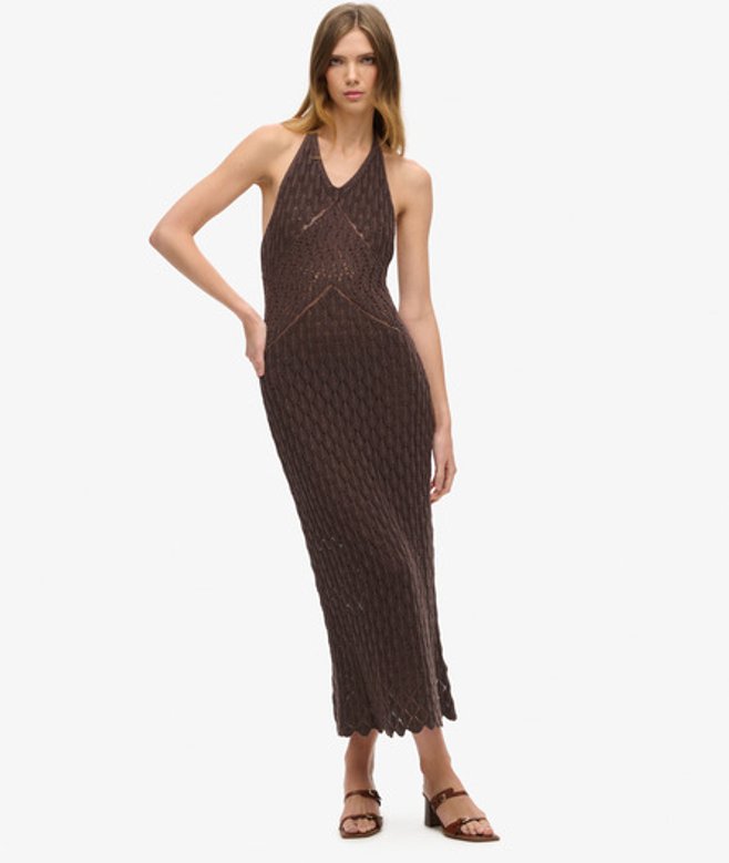 Superdry Damen Häkel-maxikleid mit Nackenträger Braun - Größe: 36 von Superdry