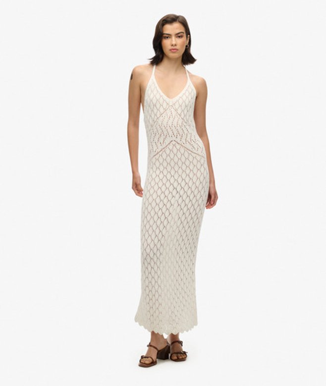 Superdry Damen Häkel-maxikleid mit Nackenträger Weiß - Größe: 40 von Superdry