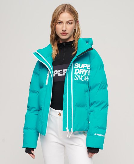 Superdry Damen Hellblau Sport Kastenförmige Ski-Steppjacke mit Logo-Druck, Größe: 40 von Superdry