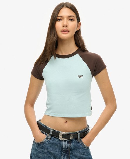 Superdry Women's Damen Hellblau und Braun Kurzes Baseball T-Shirt Farbblock, Größe: 38 - Größe: 38 von Superdry