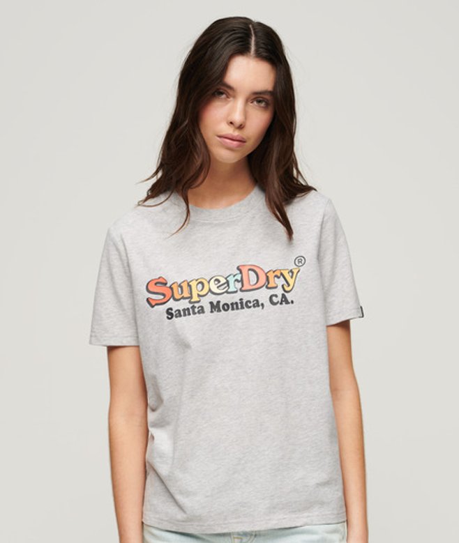 Superdry Damen Hellgrau T-Shirt in Lässiger Passform mit Regenbogen-Logo, Größe: 36 von Superdry