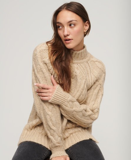 Superdry Women's Hochgeschlossener Pullover mit Zopfmuster Beige - Größe: 36 von Superdry