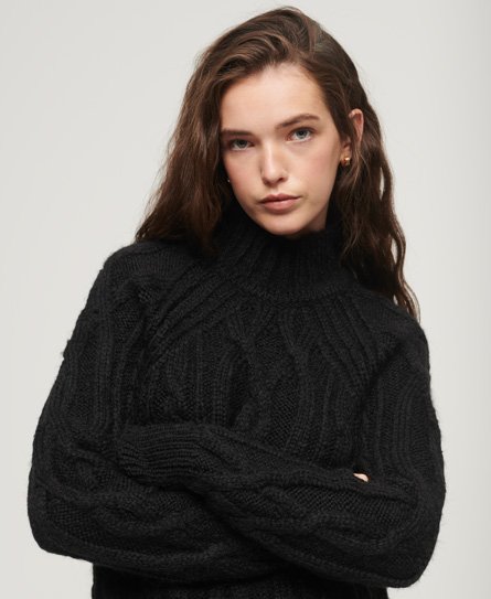 Superdry Women's Hochgeschlossener Pullover mit Zopfmuster Schwarz - Größe: 40 von Superdry