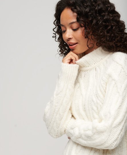 Superdry Damen Hochgeschlossener Pullover mit Zopfmuster Weiß - Größe: 44 von Superdry