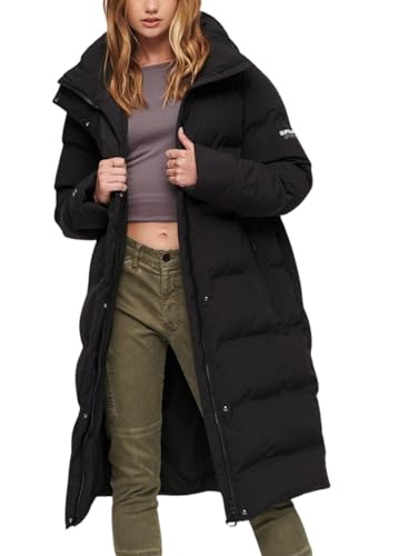 Superdry Damen Lang geschnittener Steppmantel mit Kapuze Schwarz 40 von Superdry