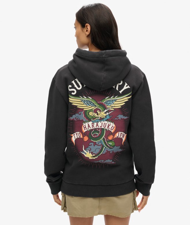 Superdry Damen OverGröße Hoodie mit Tattoo-grafik Schwarz - Größe: L von Superdry