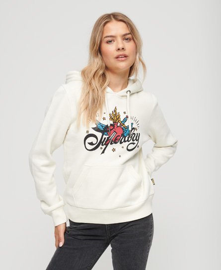 Superdry Women's Hoodie mit Tattoo-Schriftzug und Grafik Creme - Größe: 40 von Superdry