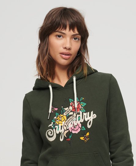 Superdry Damen Grün, Rosa und Weiß Hoodie mit Tattoo-Schriftzug und Grafik Bedruckt, Größe: 42 von Superdry