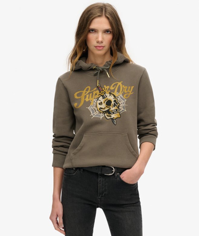 Superdry Damen Hoodie mit Tattoo-schriftzug und Grafik Dunkelgrau - Größe: 36 von Superdry