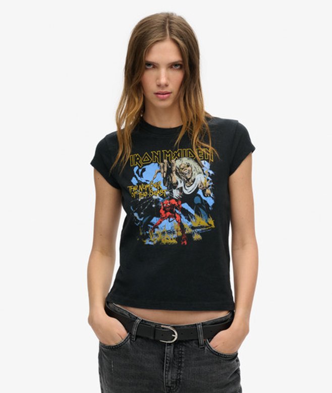 Superdry Damen Iron Maiden X Band-T-Shirt Mit Flügelärmeln, Schwarz, Größe: 38 von Superdry