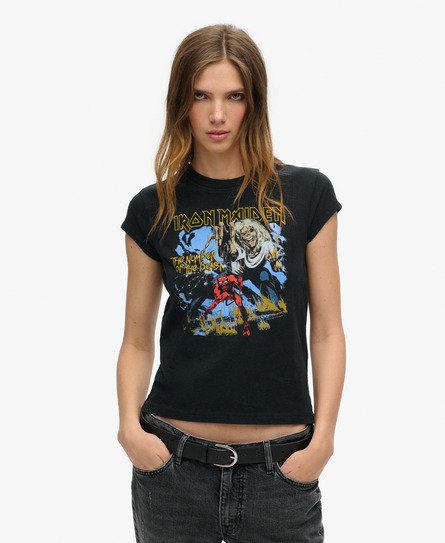 Superdry Damen Iron Maiden x Band-T-Shirt mit Flügelärmeln Schwarz - Größe: 40 von Superdry