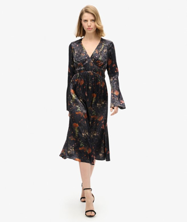 Superdry Damen Jacquard-midikleid mit Ausgestellten Ärmeln Schwarz - Größe: 44 von Superdry